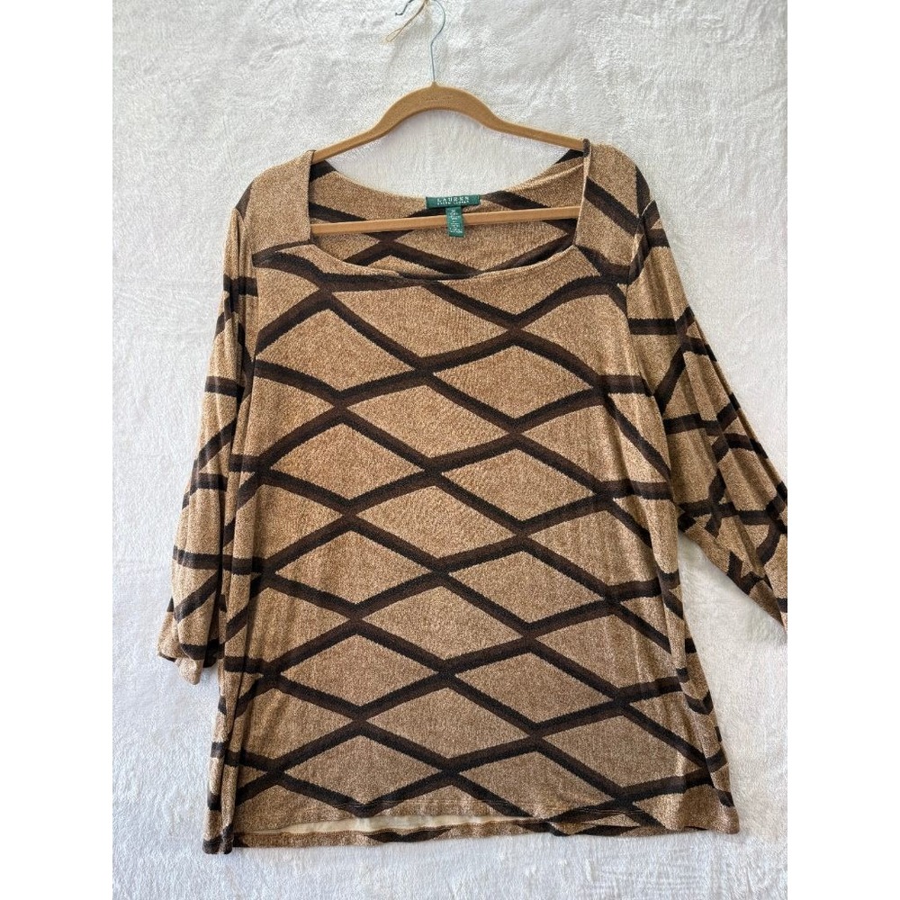 Lauren Ralph Lauren 3X Brown Diamond Print Square Neck 3/4 Sleeve Knit Top